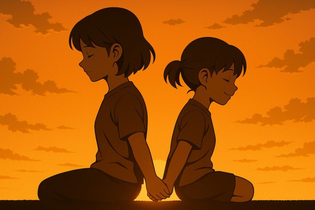 夕焼けの中、母と娘が背中合わせで座り、そっと手をつなぐシルエット。すれ違いながらも心ではつながっている親子の姿を描いたアニメ風イラスト。