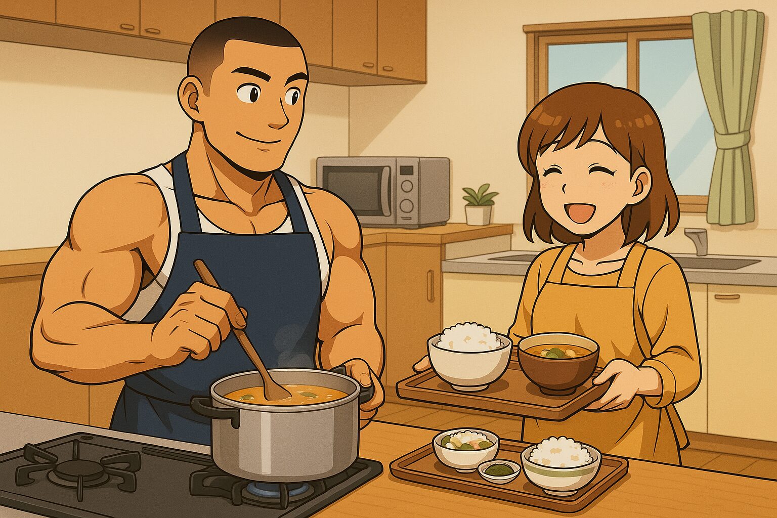 台所でエプロン姿の夫が鍋をかき混ぜ、妻が笑顔でご飯を配膳しているアニメ風イラスト。家庭的で温かい雰囲気の中、雇われ亭主の住み込み生活を描く